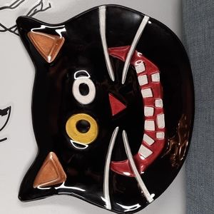 Whimsical Black Cat Face Plate Platter Candy Dish Serveware Halloween *A…